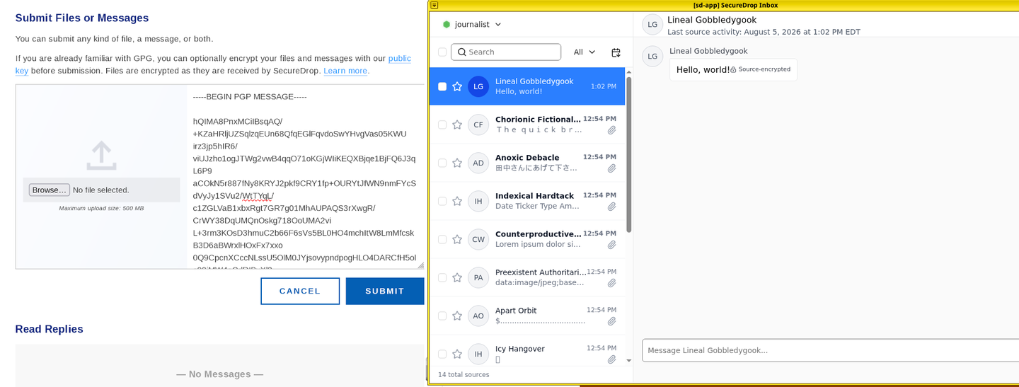 Two screenshots showing double encryption used in the Source Interface and Inbox