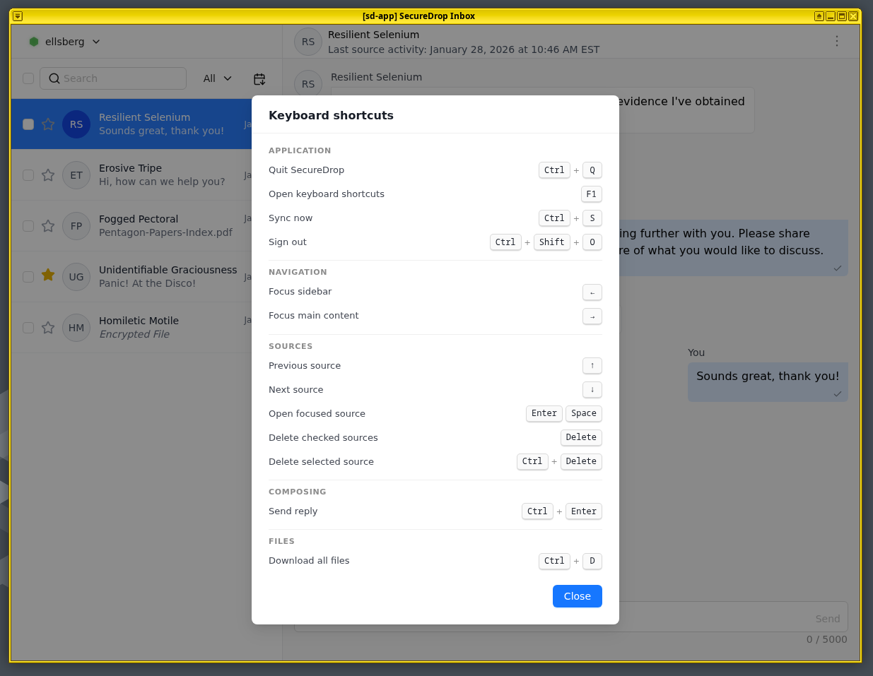 SecureDrop Inbox Keyboard Shortcuts
