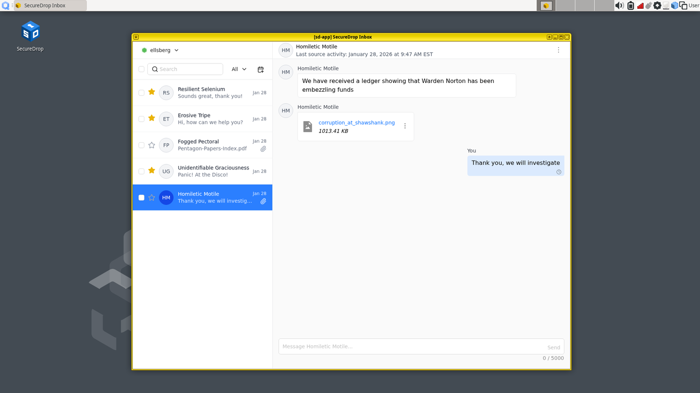 SecureDrop Inbox main view on SecureDrop Workstation